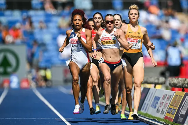 Britain's Keely Hodgkinson (C) leads in front of France's Renelle Lamote (L) and Germany's Smilla Kolbe (R) as they compete in the women's 800m heat 1 during the European Athletics Championships at Alexander Stadium in Birmingham on August 11, 2026