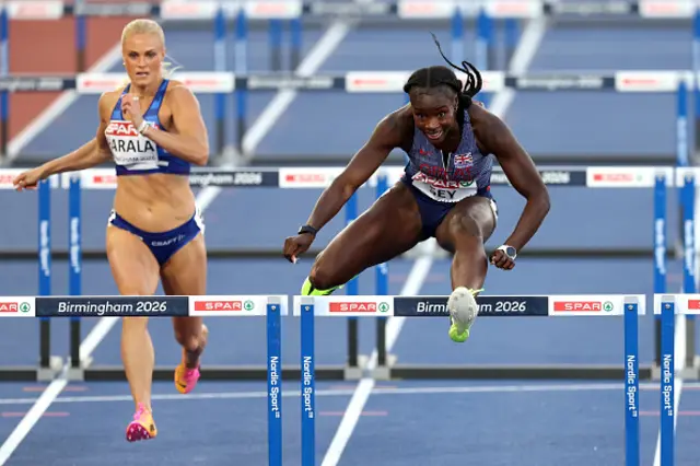 Marcia Sey of Team Great Britain competes in the Women's 100m Hurdles Semi-Final on day two of the 27th European Athletics Championships at Alexander Stadium on August 11, 2026 in Birmingham, England