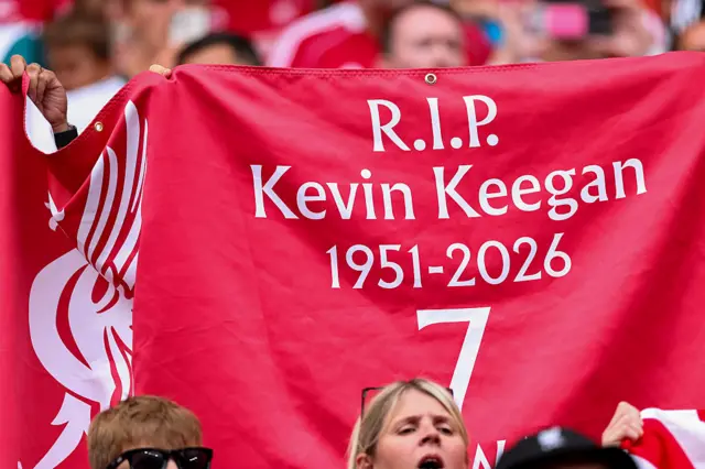 Red flag displaying "R.I.P Kevin Keegan 1951-2026"