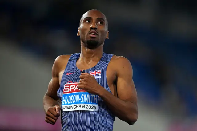 Matthew Hudson-Smith of Team Great Britain looks on after competing in the Men's 400 Metres Semi-Finals during day two of the 27th European Athletics Championships at Alexander Stadium on August 11, 2026 in Birmingham, England
