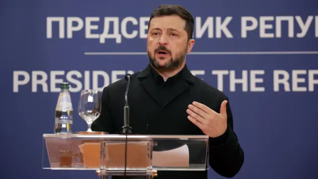 Ukrainian President Volodymyr Zelensky speaks during a press conference with Serbian President Aleksandar Vucic (not pictured) following their meeting in Belgrade, Serbia