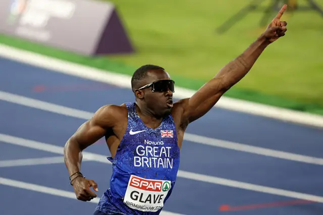 Romell Glave in the Men's 100m final at Alexander Stadium, Birmingham