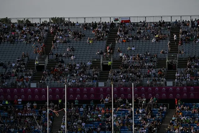 Members of the public watch athletes competing in the women's pole vault qualifier during the European Athletics Championships at Alexander Stadium in Birmingham on August 11, 2026. Concern has been raised about the low attendances at the European Athletics Championships in Birmingham
