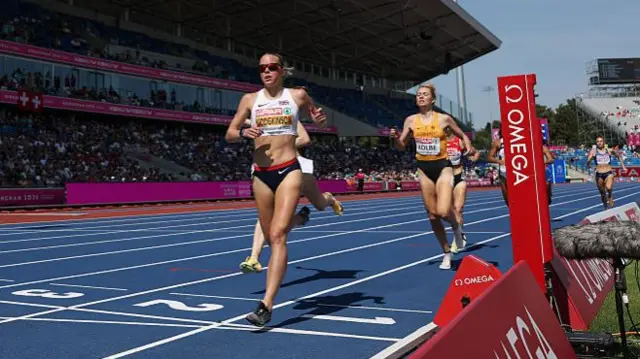 Keely Hodgkinson crosses the line first