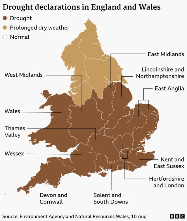 A map of England and Wales which shows all of Wales, southern England and the Midlands are now in drought, with Yorkshire and north-east England in "prolonged dry weather" status
