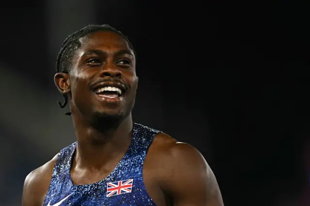 Silver medallist Britain's Jeremiah Azu celebrates after competing in the men's 100m final during the European Athletics Championships at Alexander Stadium in Birmingham on August 11, 2026