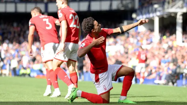 Brennan Johnson of Nottingham Forest celebrates their sides first goal during the Premier League match between Everton FC and Nottingham Forest at Goodison Park