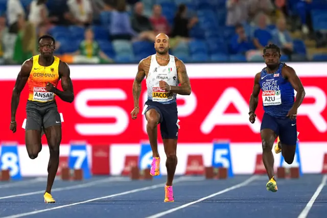 (L-R) Owen Ansah of Team Germany, Lamont Marcell Jacobs of Team Italy and Jeremiah Azu of Team Great Britain compete in the Men's 100 Metres Final during day two of the 27th European Athletics Championships at Alexander Stadium on August 11, 2026 in Birmingham, England