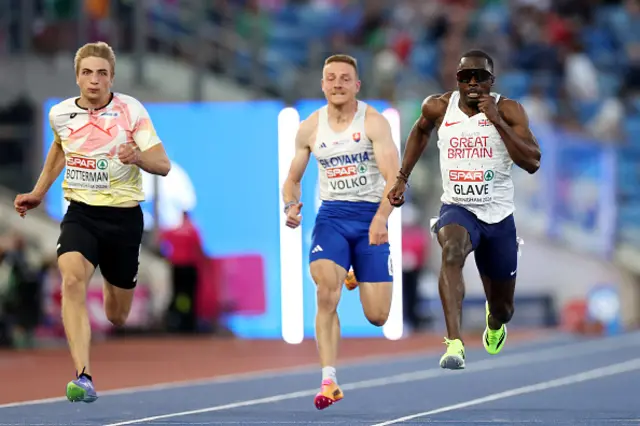 Romell Glave of Team Great Britain, Jan Volko of Team Slovakia and Emiel Botterman of Team Belgium compete in Men's 100 Metres Semi-Finals during day two of the 27th European Athletics Championships at Alexander Stadium on August 11, 2026 in Birmingham, England