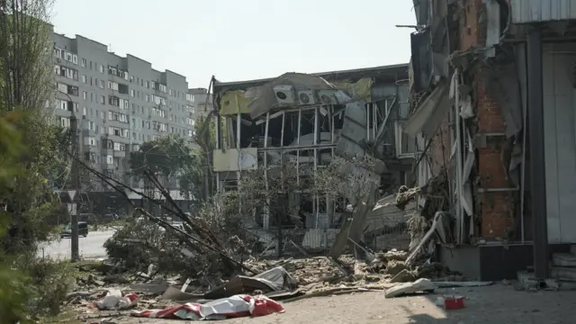 Damage caused to a shopping mall in a previous Russian strike in Sumy, Ukraine, on August 6