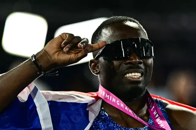 Gold medallist Britain's Romell Glave celebrates after winning the men's 100m final during the European Athletics Championships at Alexander Stadium in Birmingham on August 11, 2026.