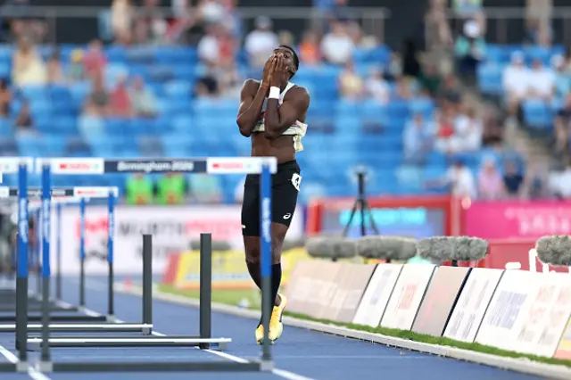 Elie Bacari of Team Belgium reacts after falling in the Men's 110 Metres Hurdles Semi-Finals during day three of the 27th European Athletics Championships at Alexander Stadium on August 12, 2026 in Birmingham, England
