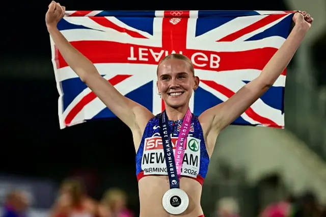 Silver medallist Britain's Emily Newnham celebrates after competing in the women's 400m hurdles final during the European Athletics Championships at Alexander Stadium in Birmingham on August 12, 2026