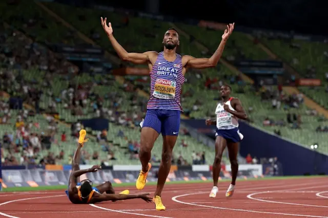 Matthew Hudson-Smith of Great Britain celebrates after winning gold in the Men's 400m Final during the Athletics competition on day 7 of the European Championships Munich 2022 at Olympiapark on August 17, 2022 in Munich, Germany