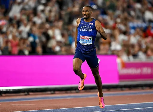 Matthew Hudson-Smith of Great Britain and Northern Ireland on his way to winning the men's 400m final during day three of the European Athletics Championships 2026 at Alexander Stadium in Birmingham, England.