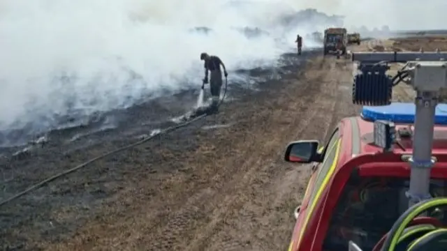 a firefighter spraying water onto burnt ground during a heathland blaze in the New Forest