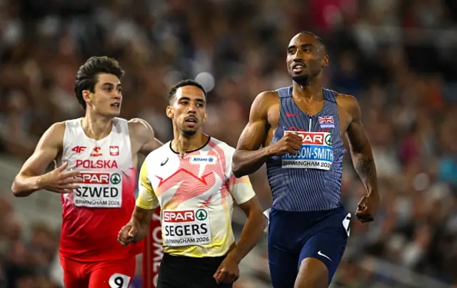 Matthew Hudson-Smith of Great Britain and Northern Ireland, right, after competing in the men's 400m semi-final during day two of the European Athletics Championships 2026 at Alexander Stadium in Birmingham, England