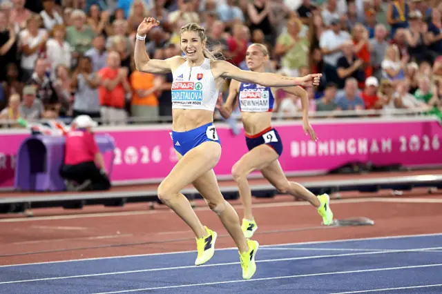 Emma Zapletalova of Team Slovakia celebrates as she crosses the finish line to win the gold medal in the Women's 400m Hurdles Final during day three of the 27th European Athletics Championships at Alexander Stadium on August 12, 2026 in Birmingham, England
