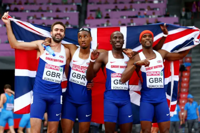 Gold medalists (L-R) Martyn Rooney of Great Britain and Northern Ireland, Matthew Hudson-Smith of Great Britain and Northern Ireland, Michael Bingham of Great Britain and Northern Ireland and Conrad Williams of Great Britain and Northern Ireland pose with a Union Jack after the Men's 4 x 400m Raly Final during day six of the 22nd European Athletics Championships at Stadium Letzigrund on August 17, 2014 in Zurich, Switzerland