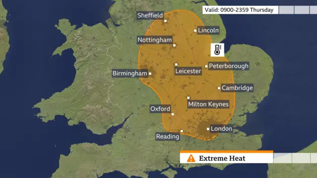 A map showing the areas where an extreme heat warning has been issued