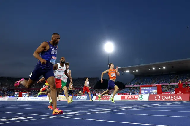 Matthew Hudson-Smith of Team Great Britain crosses the finish line to win the gold medal in the Men's 400m Final during day three of the 27th European Athletics Championships at Alexander Stadium on August 12, 2026 in Birmingham, England