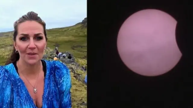 Guðrún Árný wearing a blue dress in Iceland on the left. Split screen shows the Sun being eclipsed by the Moon, also in Iceland