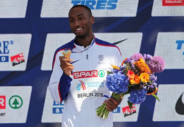 Matthew Hudson Smith of Great Britain, gold, poses with his medal for the Men's 400 metres during day six of the 24th European Athletics Championships at Breitscheidplatz on August 12, 2018 in Berlin, Germany