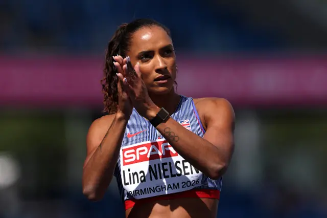Lina Nielsen of Team Great Britain acknowledges the crowd during the Women's 400 Metres Hurdles Heats on day one of the 27th European Athletics Championships at Alexander Stadium on August 10, 2026 in Birmingham, England