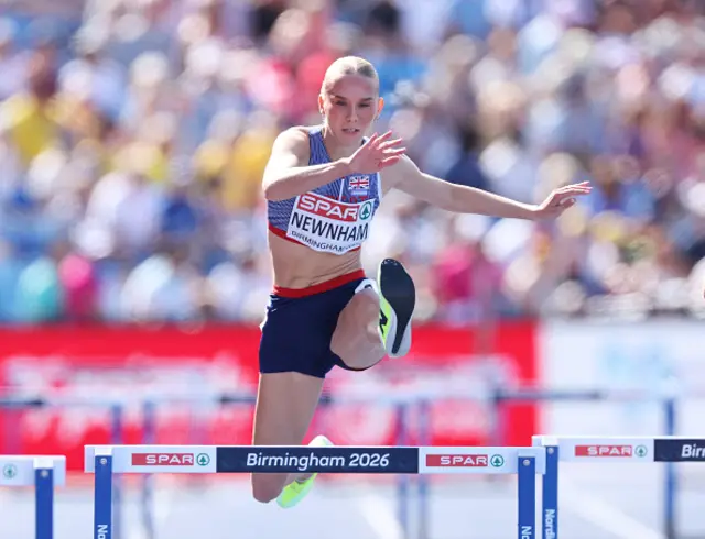 mily Newnham of Team Great Britain competes in Women's 400m Hurdles Semi-Final during day two of the 27th European Athletics Championships at Alexander Stadium on August 11, 2026 in Birmingham, England