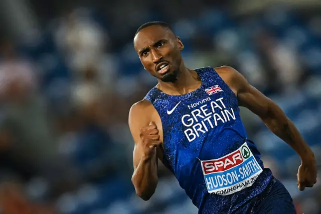 Britain's Matthew Hudson-Smith celebrates as he crosses the finish line to win the men's 400m final during the European Athletics Championships at Alexander Stadium in Birmingham on August 12, 2026