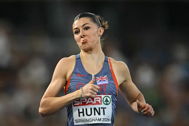 First-placed Britain's Amy Hunt celebrates as she crosses the finish line to compete in the women's 200m semi-final 2 during the European Athletics Championships at Alexander Stadium in Birmingham on August 12, 2026
