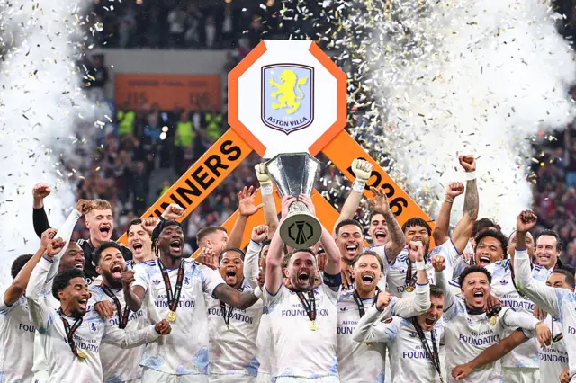 Aston Villa celebrate with Europa League trophy