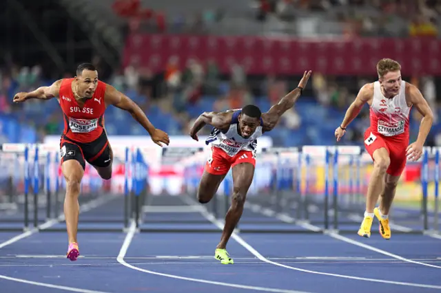 Jason Joseph of Team Switzerland crosses the finish line to win the gold medal ahead of Just Kwaou-Mathey of Team France in the Men's 110m Hurdles during day three of the 27th European Athletics Championships at Alexander Stadium on August 12, 2026 in Birmingham, England