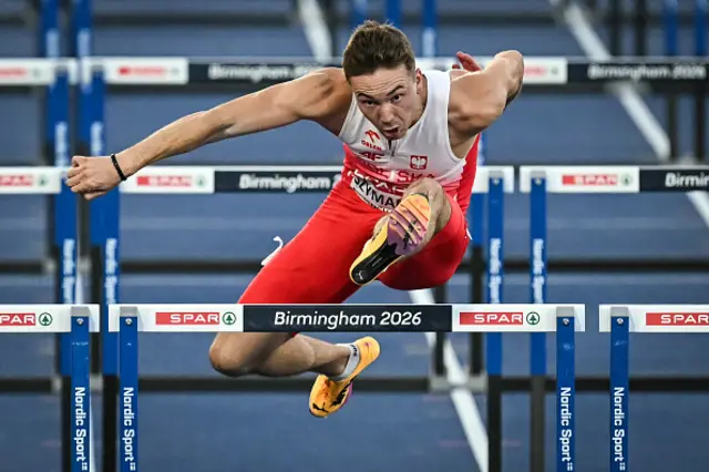First-placed Poland's Jakub Szymanski competes in the men's 110m hurdles semi-final 3 during the European Athletics Championships at Alexander Stadium in Birmingham on August 12, 2026