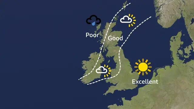 A map of the UK with graphics showing weather patterns including white lines, clouds with sun, rain and the sun.