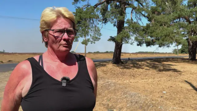 A woman in a black sleeveless top is giving an interview outside on a sunny day. She has glasses on. Burned grass and some trees could be seen behind her.