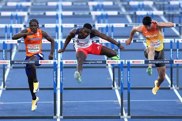 (L-R) Matthew Sophia of Team Netherlands, Just Kwaou-Mathey of Team France, and Asier Martinez of Team Spain compete in the Men's 110m Hurdles Semi-Final during day three of the 27th European Athletics Championships at Alexander Stadium on August 12, 2026 in Birmingham, England