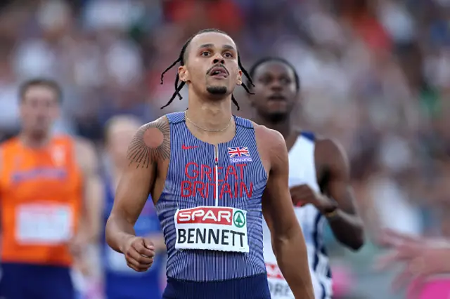 Samuel Bennett of Team Great Britain reacts after competing in the Men's 110 Metres Hurdles Semi-Finals during day three of the 27th European Athletics Championships at Alexander Stadium on August 12, 2026 in Birmingham, England