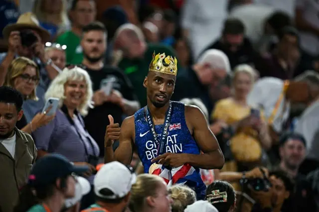 Gold medallist Britain's Matthew Hudson-Smith celebrates after winning in the men's 400m final during the European Athletics Championships at Alexander Stadium in Birmingham on August 12, 2026.