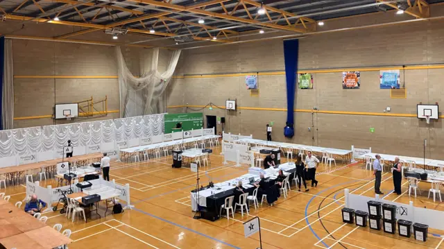 A high shot of Clacton leaisure centre set up to begin counting votes in the parliamentary by-election