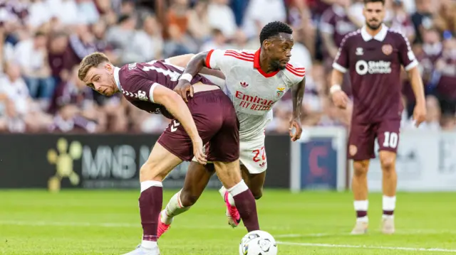 Hearts' Stuart Findlay and Benfica's Jhon Duran in action