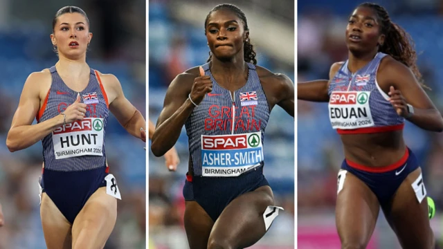Amy Hunt, Dina Asher-Smith and Success Eduan look on - collated imaged