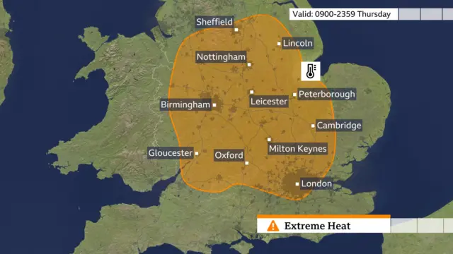 A map showing an amber warning - updated to cover more parts of western England