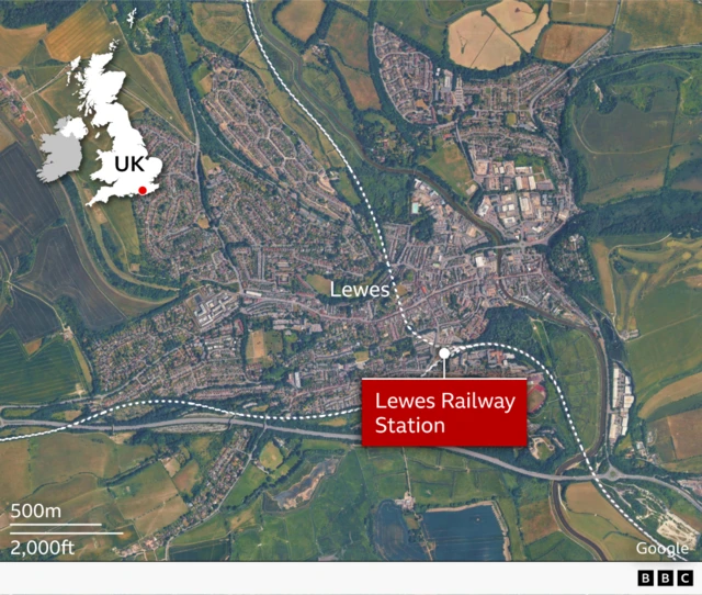 A map graphic of Lewes with the railway station highlighted.