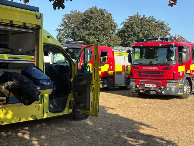 A number of fire engines and ambulance crews in a field.