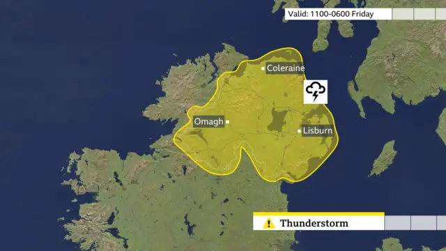 Map showing yellow thunderstorm warning over Northern Ireland