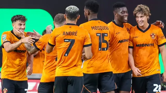 Wolves players celebrate Fer Lopez's goal against Port Vale in the EFL Cup