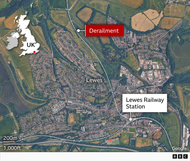 A satellite map image showing where the derailment happened.