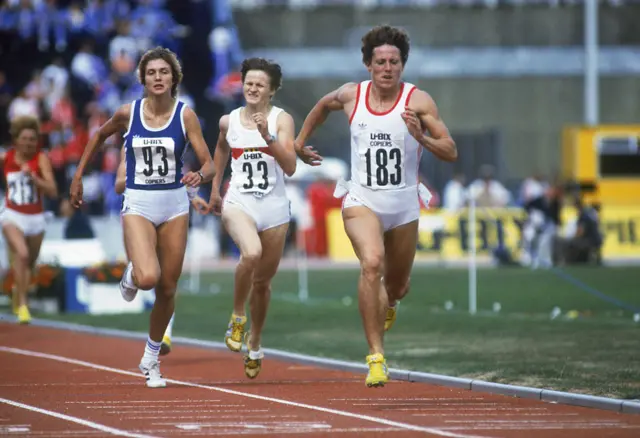 Jarmila Kratochvilova #183 of Czechoslovakia heads towards the finishing line in the 800 metres