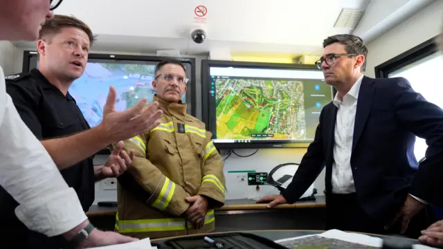 Prime Minister Andy Burnham speaking to emergency responders at the West Midlands Fire Service incident command unit during a visit to Stourbridge in the West Midlands to discuss the response to wildfires across the region.